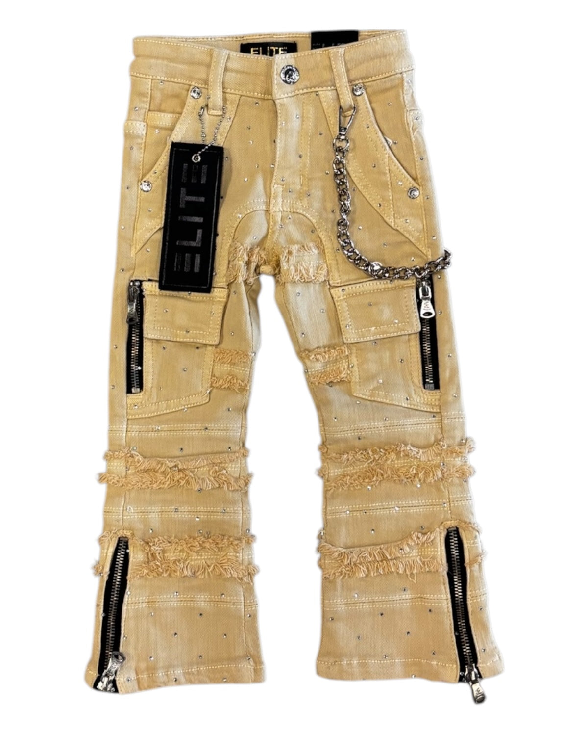 Beige pants with lace details and zippers on a white background