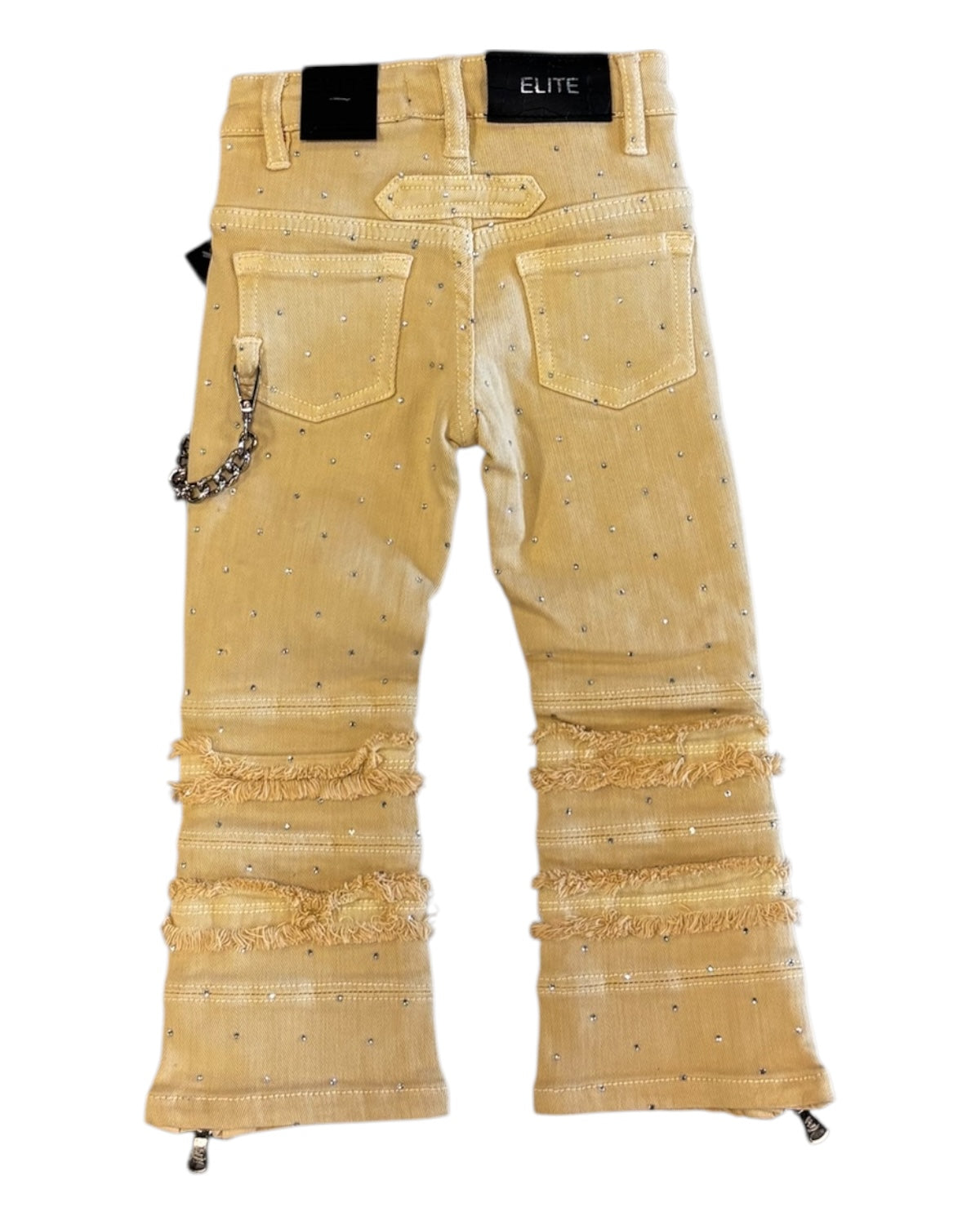 Beige pants with decorative elements on a white background