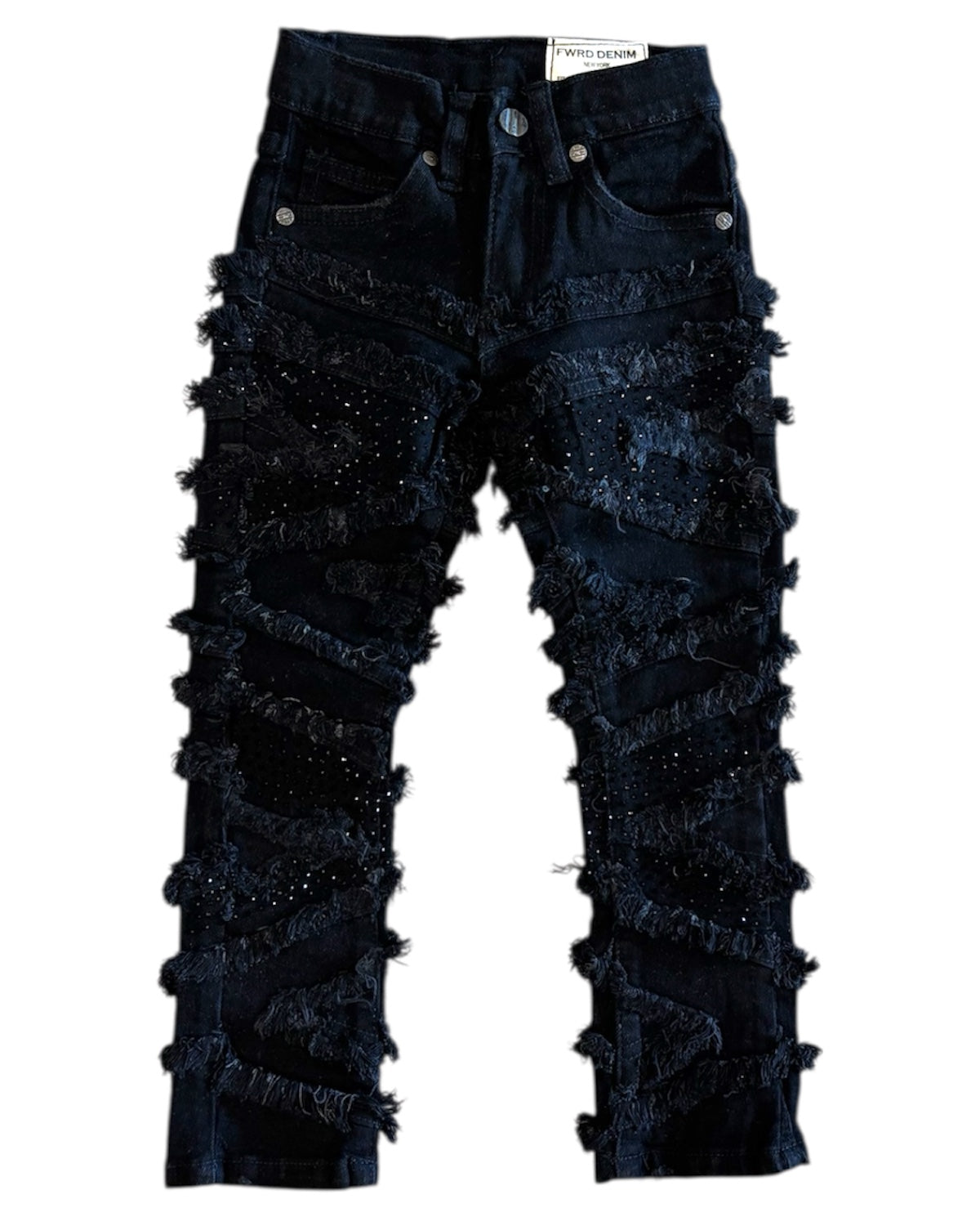Black distressed jeans with embellishments on a white background