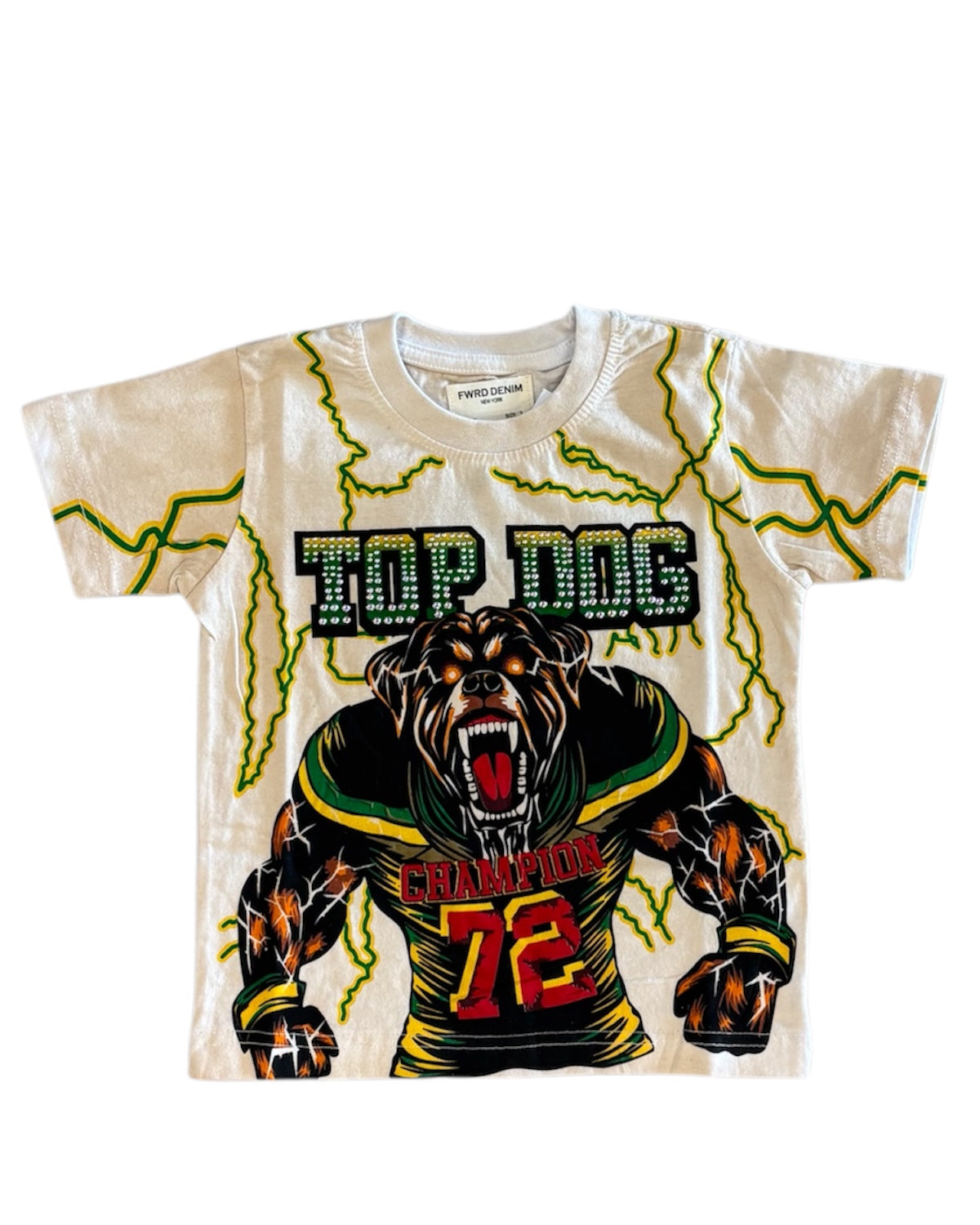 T-shirt with a bulldog graphic and 'Top Dog' text on a white background