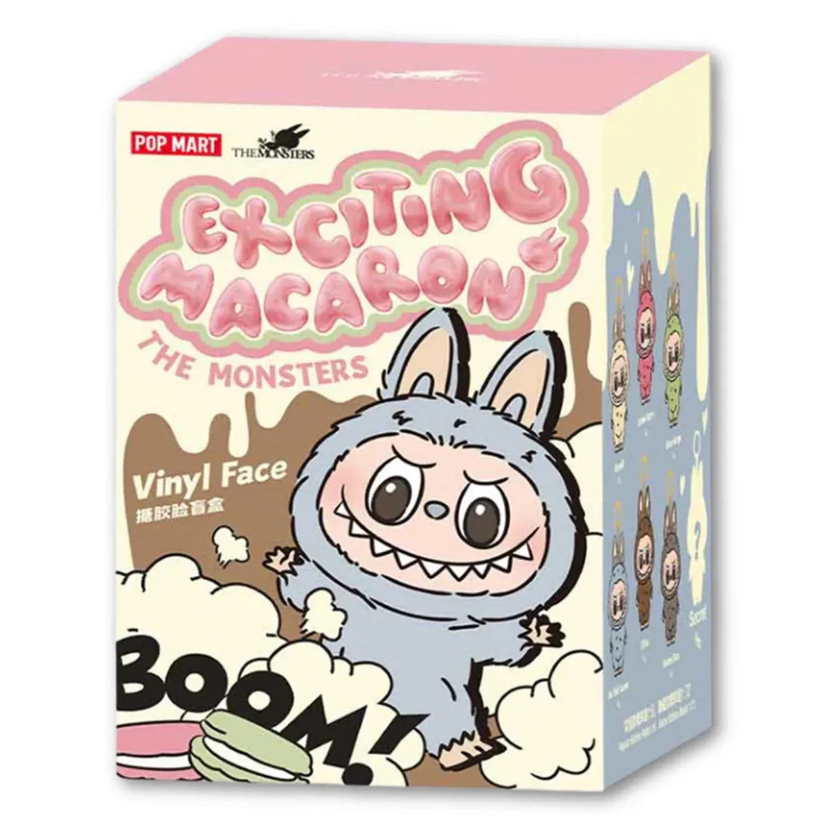the monsters exciting macaron labubu blind box in a mixture of cream, pink, brown and blue.