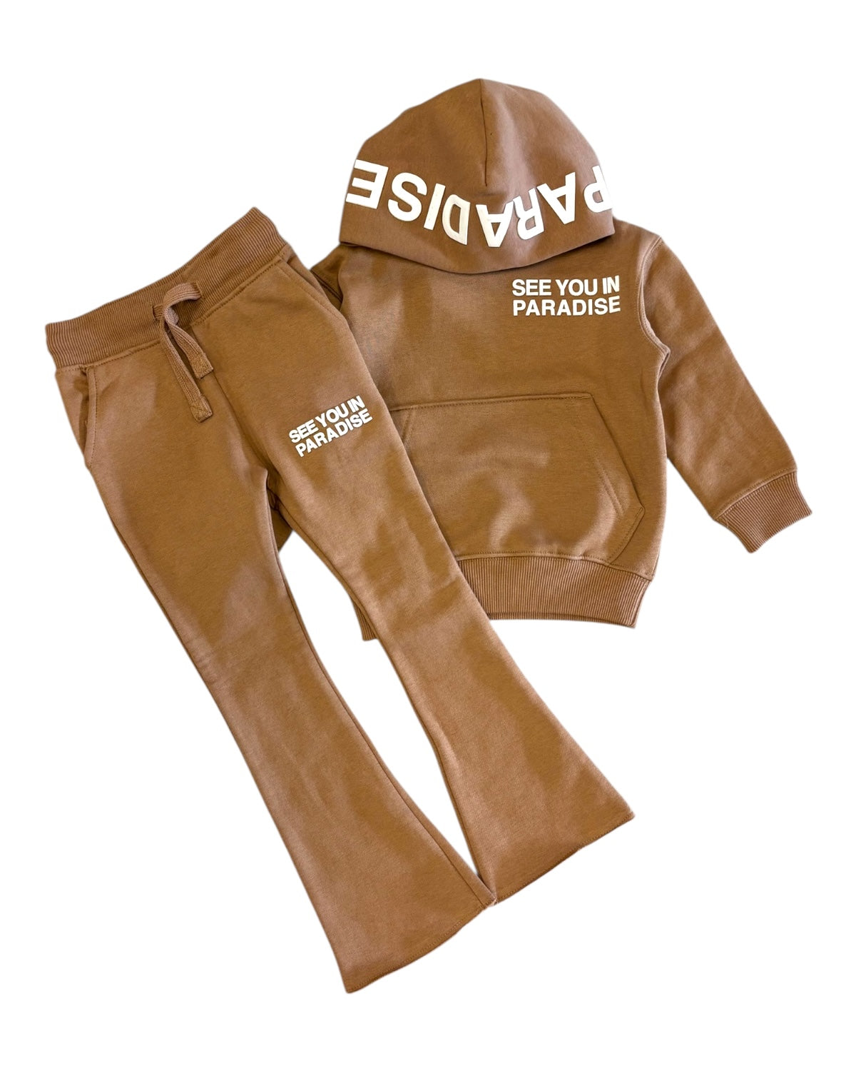 Brown hoodie and pants set with 'See You in Paradise' text on a white background
