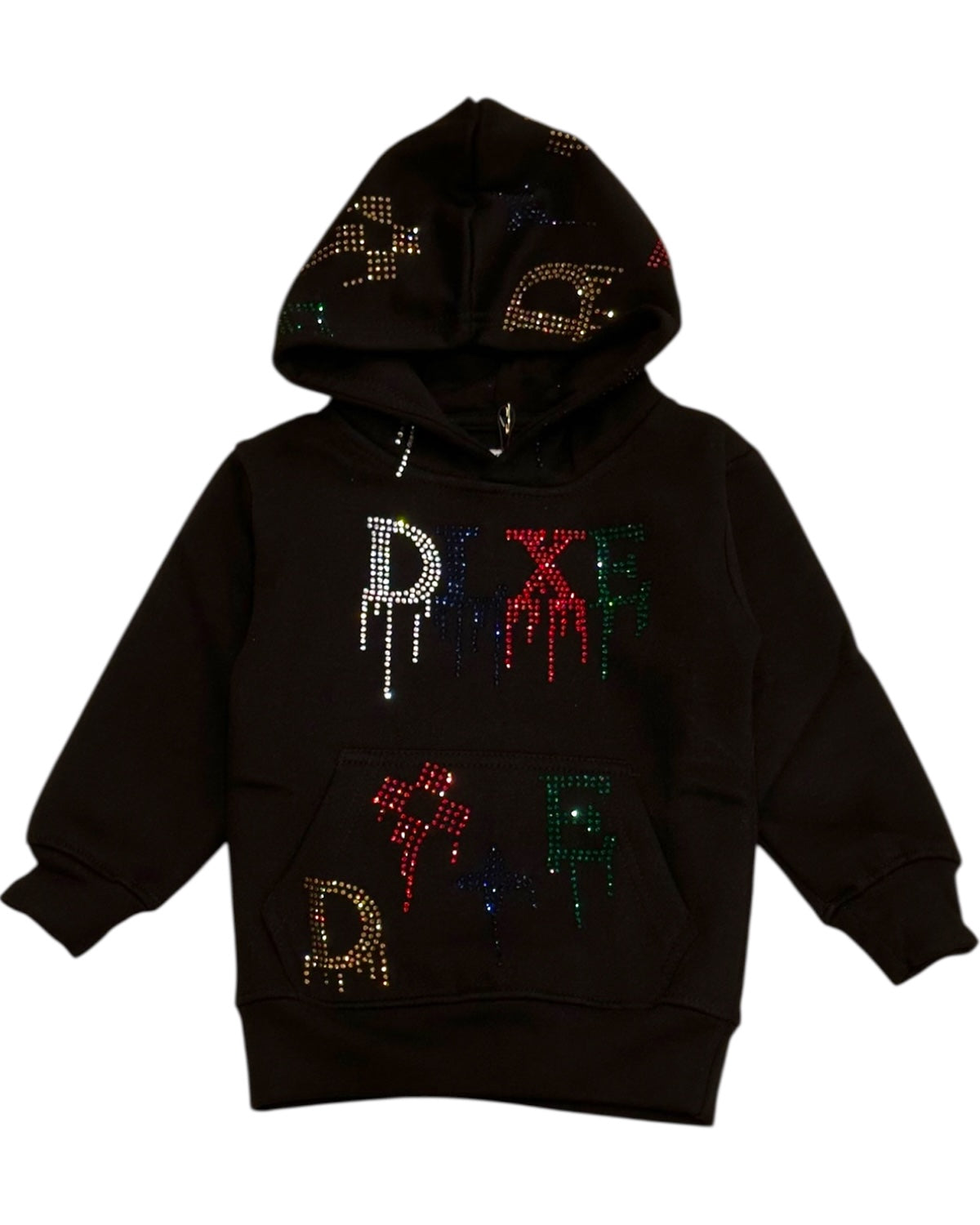 Black hoodie with colorful rhinestone designs on a white background