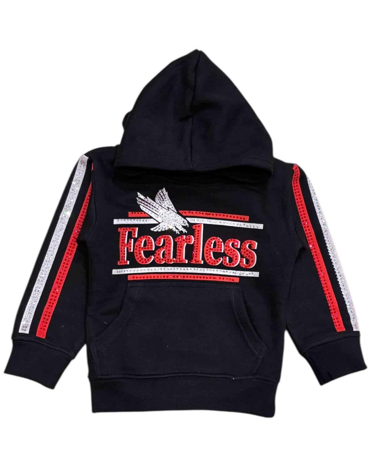 Black hoodie with 'Fearless' text and eagle design on a white background