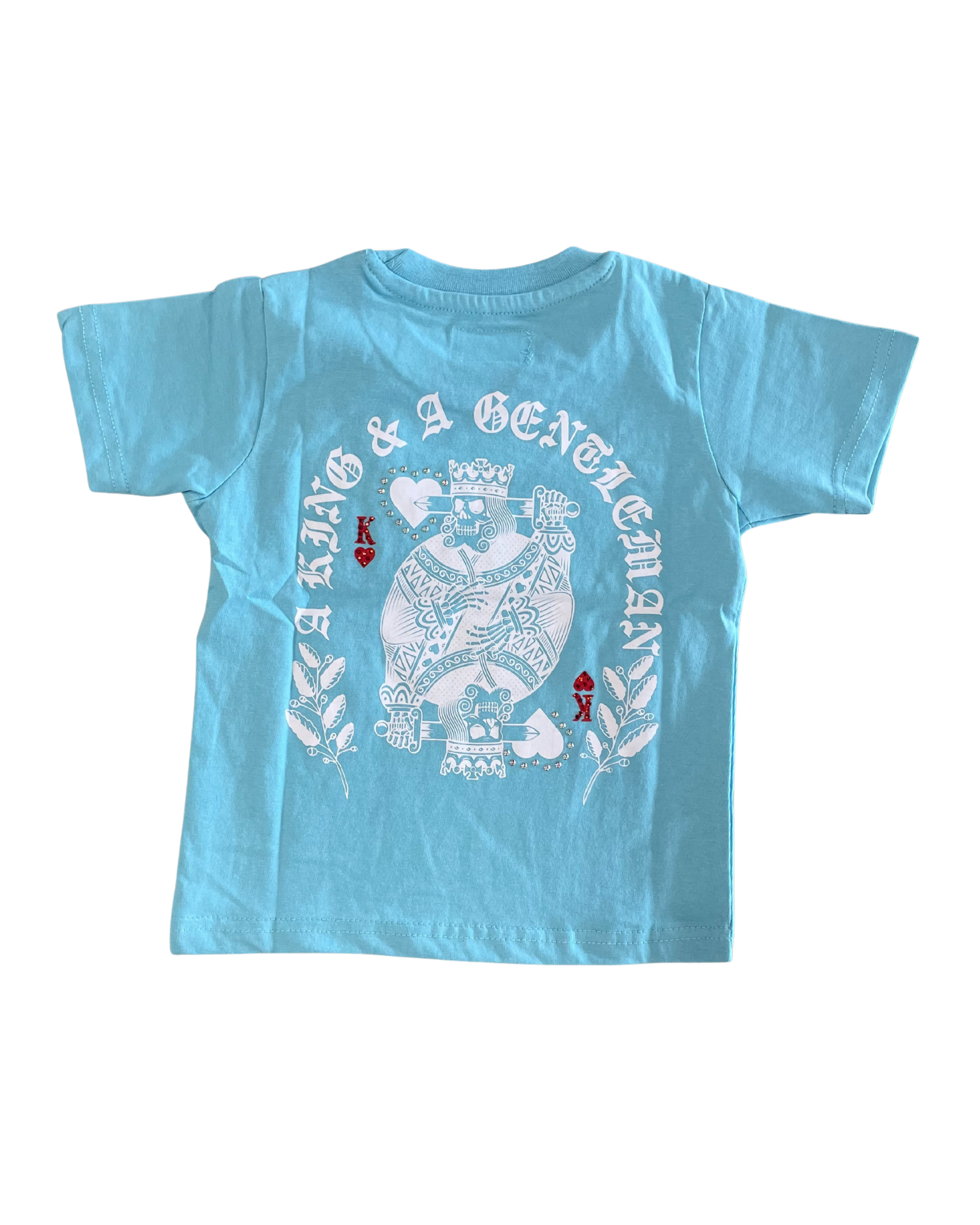 Light blue t-shirt with white graphic design on a white background