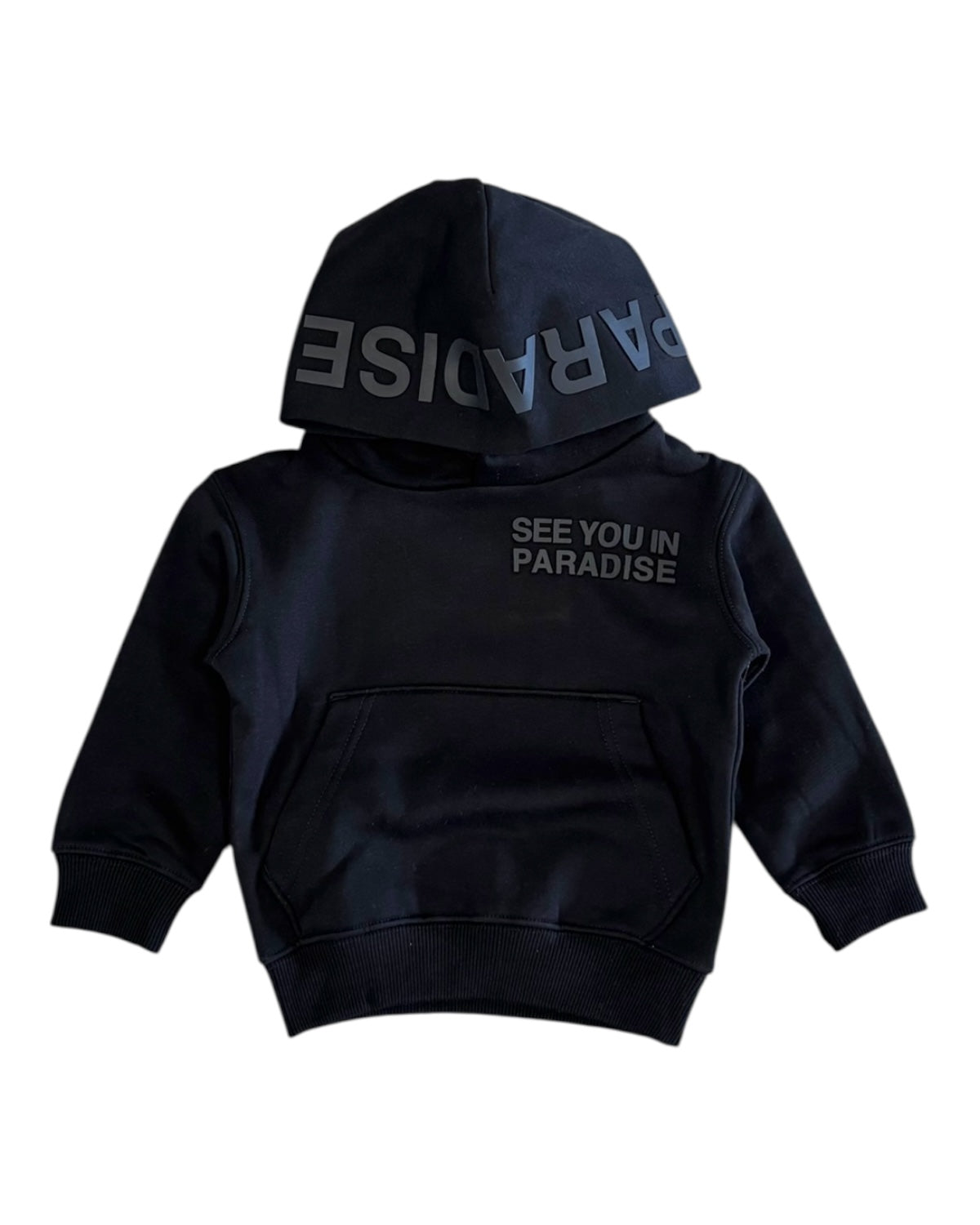 Black hoodie with text on the back on a white background