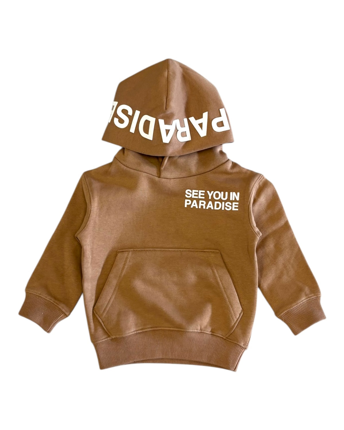 Brown hoodie with text on a white background