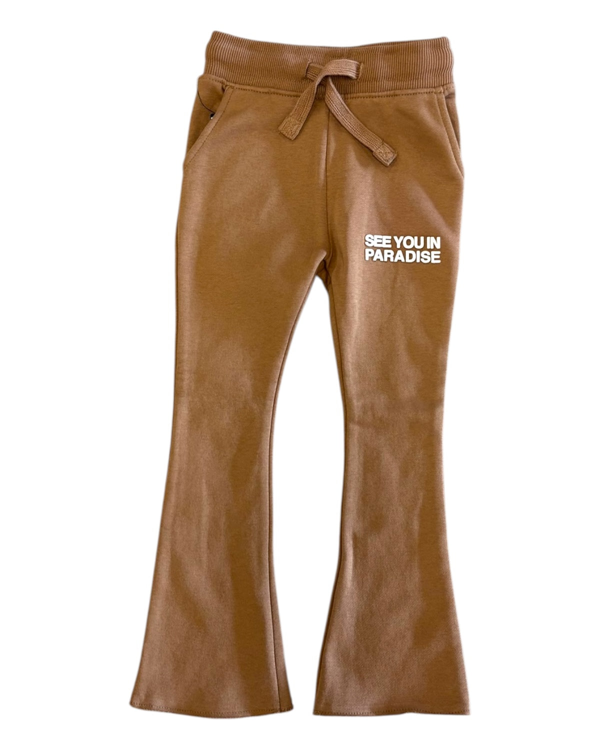 Brown pants with 'See You in Paradise' text on a white background