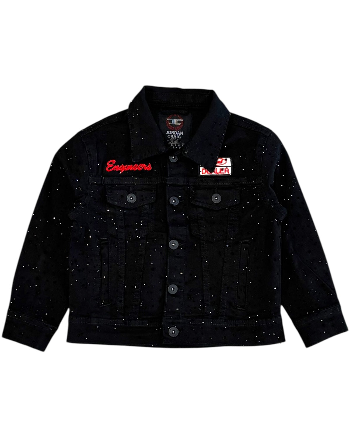 Black denim jacket with red text on a white background