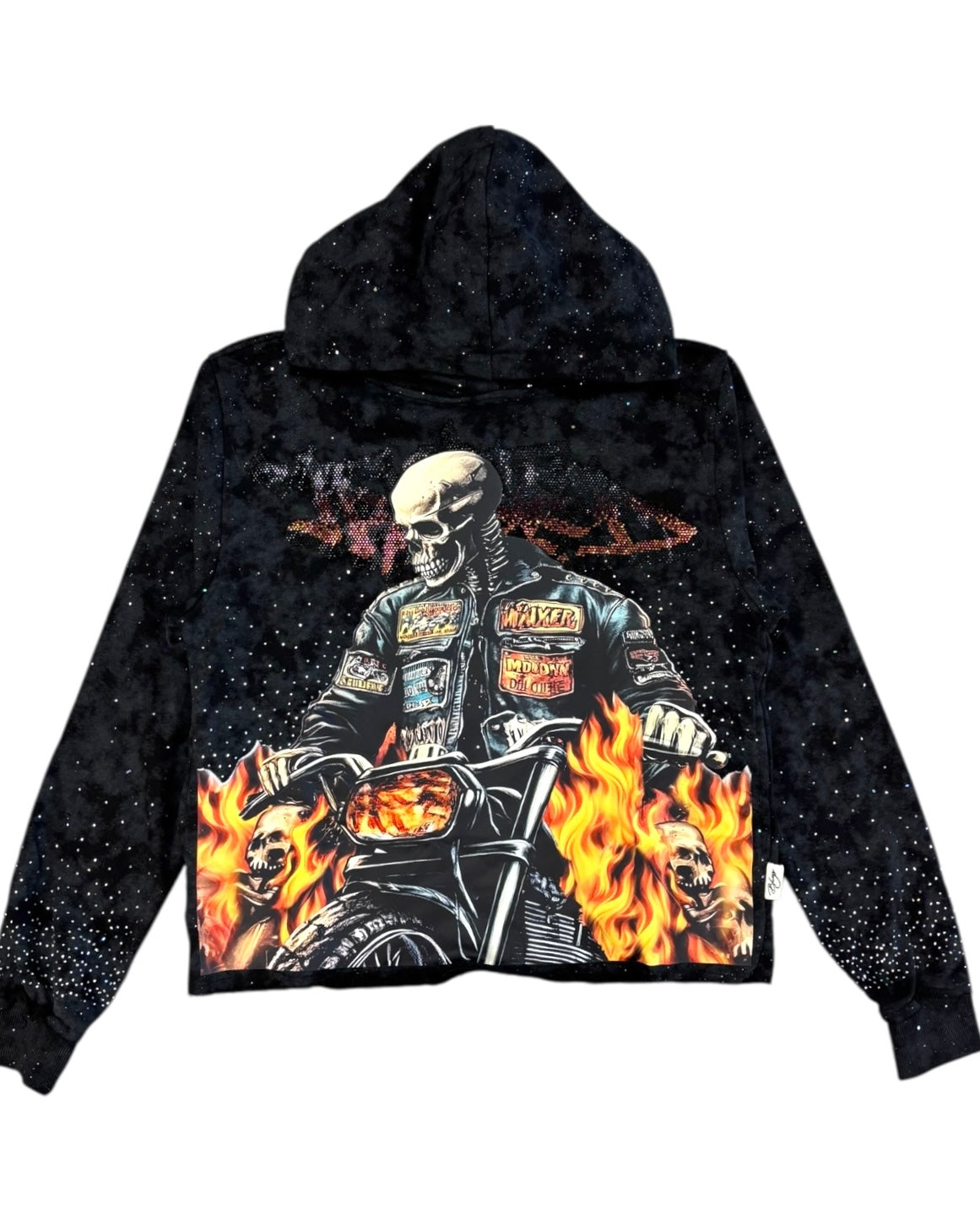 Black hoodie with a graphic of a skeleton on a motorcycle with flames, on a white background.