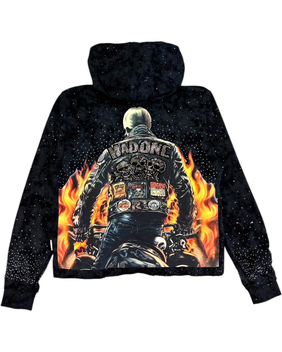 Black hoodie with a graphic of a biker on flames and 'Hooligan' text on the back, on a white background.
