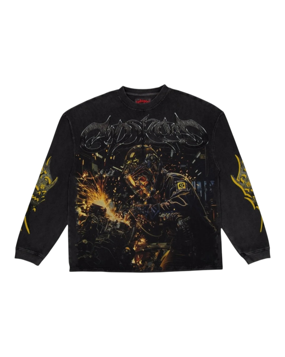 Black long-sleeve shirt with graphic design and text on a white background