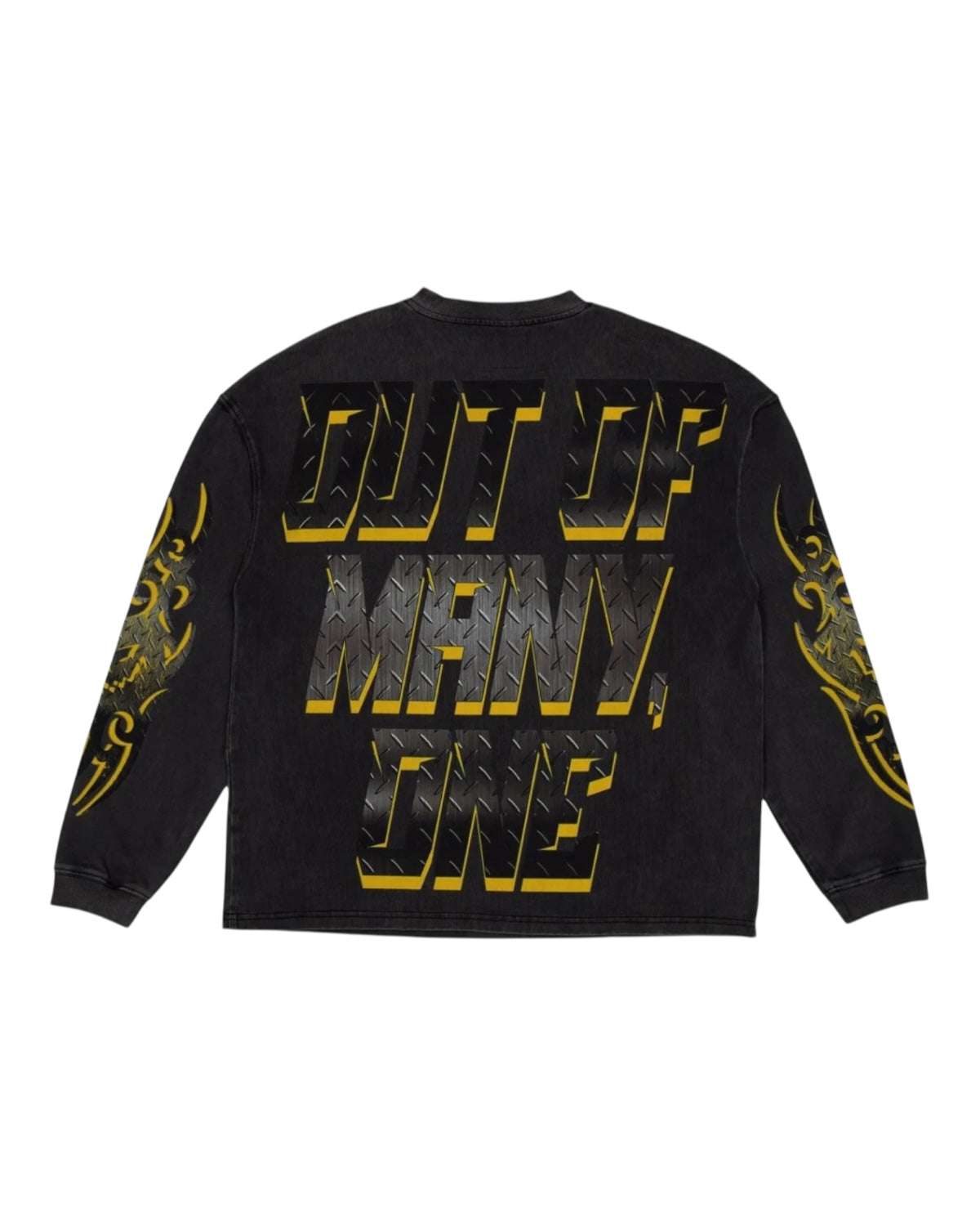 Black long-sleeve shirt with yellow text and designs on a white background