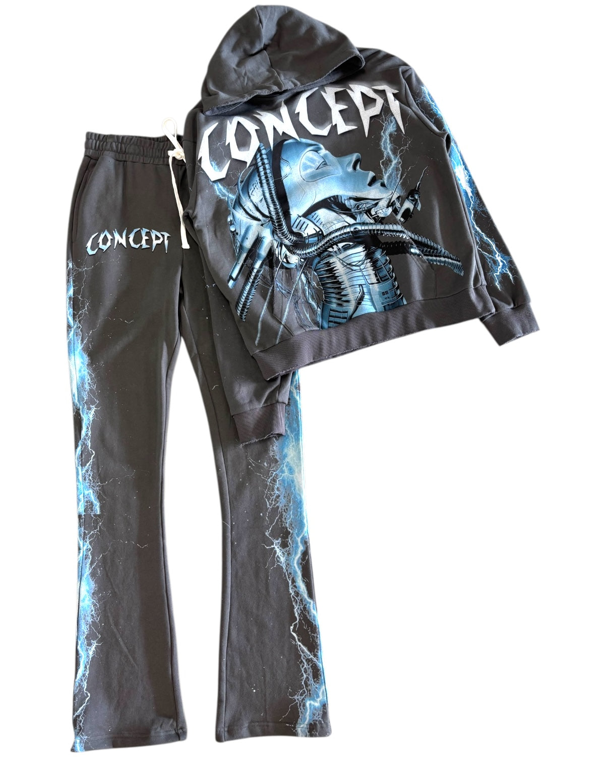 Hoodie and pants set with alien graphic and 'Concept' branding on a white background