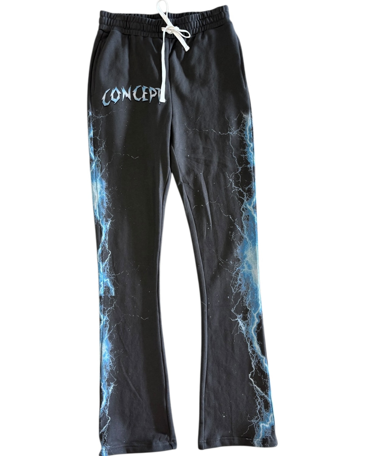 Black sweatpants with blue and white abstract design on a white background