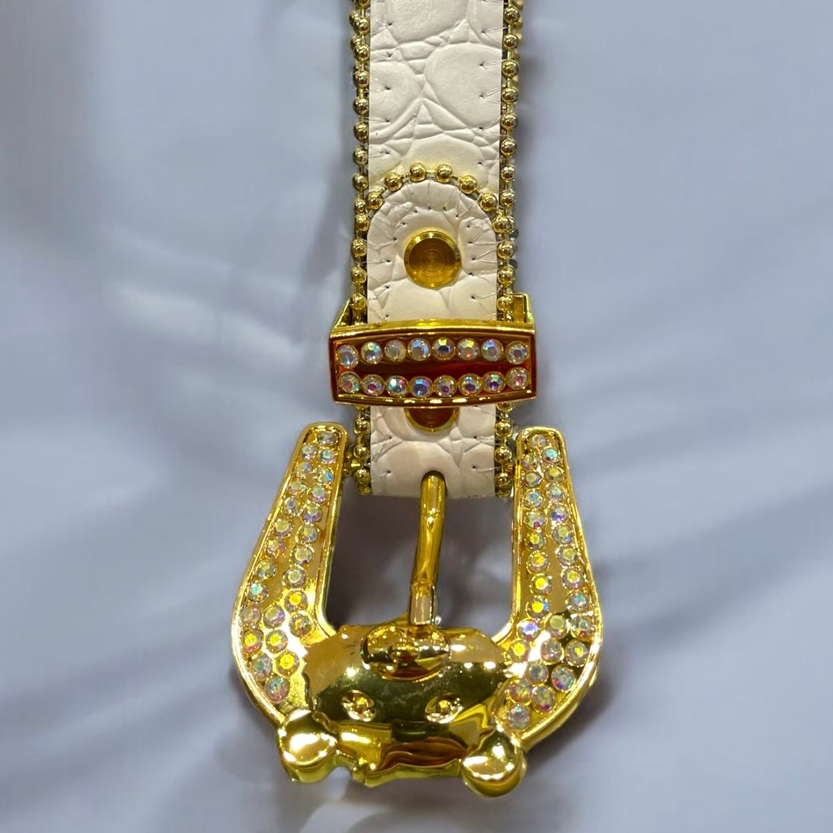 kids white leather belt with ab crystals.