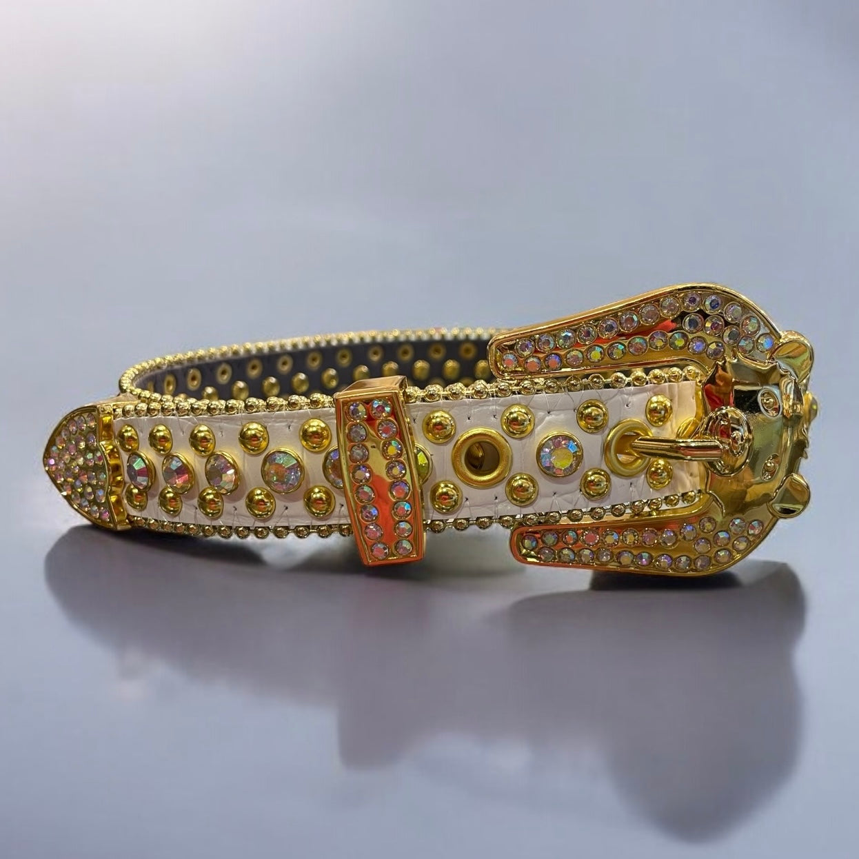 kids white leather belt with ab crysals
