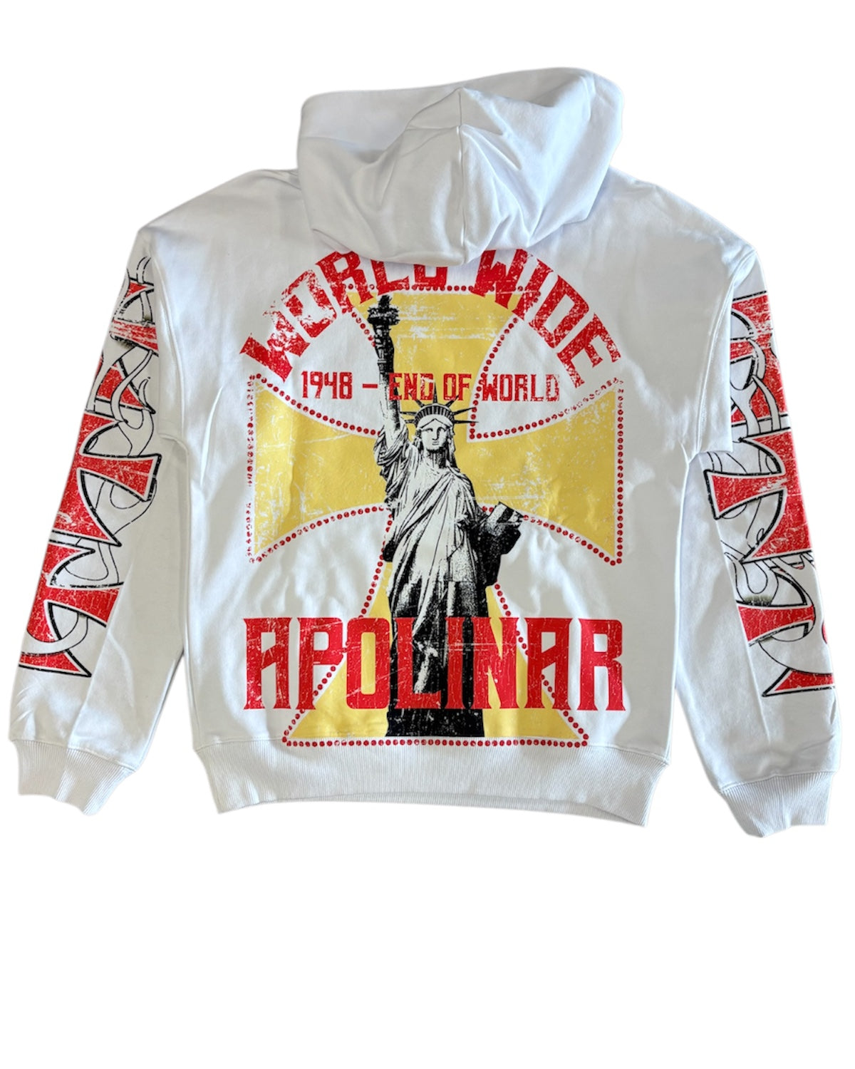 White hoodie with graphic design featuring the Statue of Liberty and text on a white background
