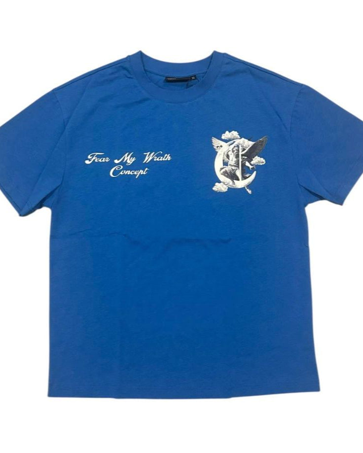 Blue t-shirt with white text and graphic on a white background