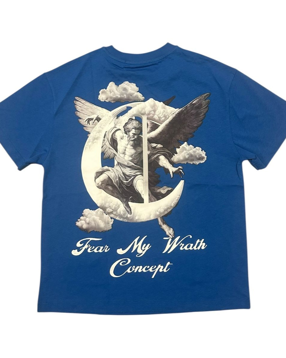 Blue t-shirt with a graphic design of an angel on a moon and text 'Fear My Wrath Concept' on a white background