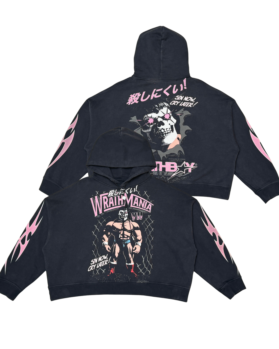 Black hoodie with pink and white graphics on a white background