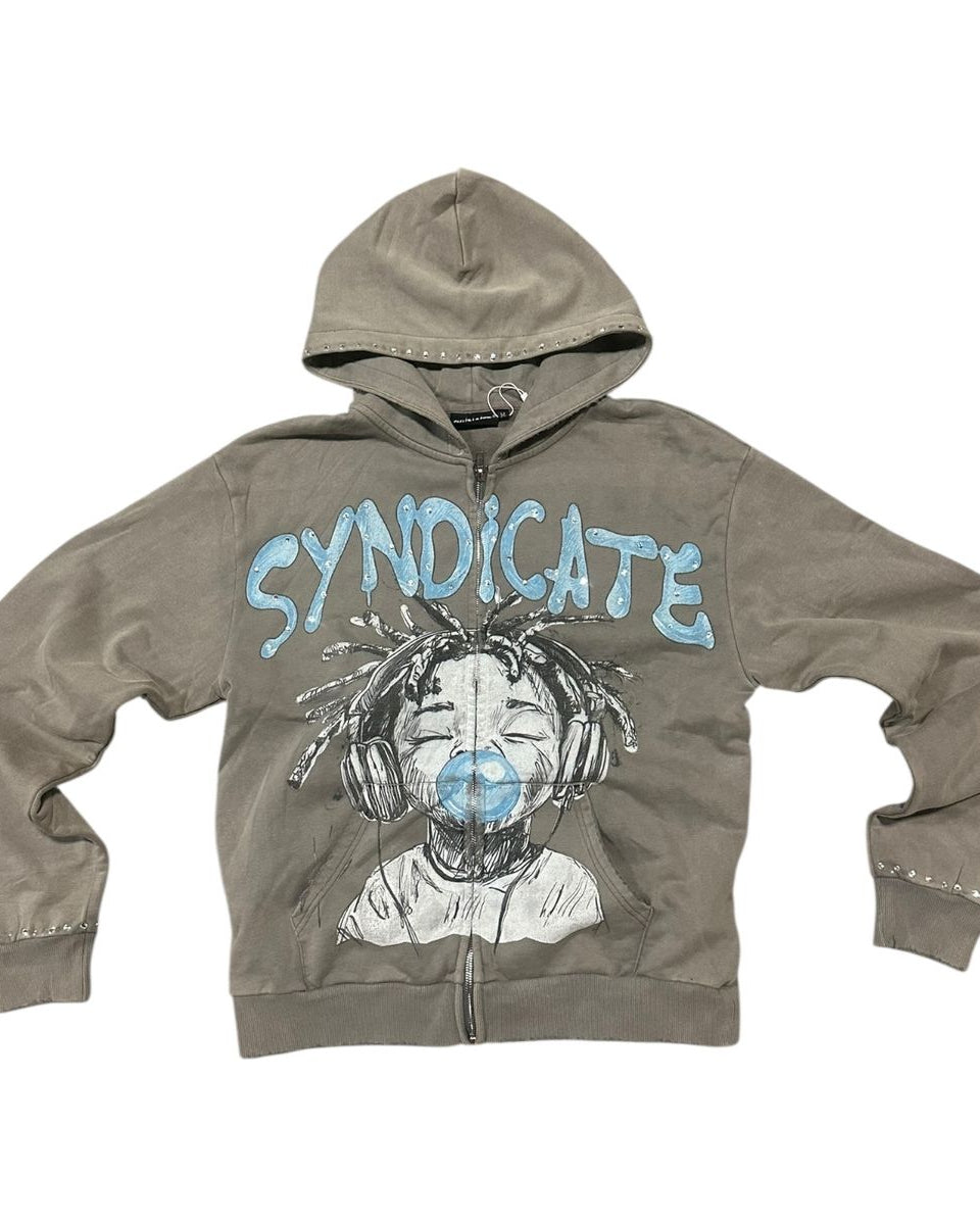 Gray hoodie with 'SYNDICATE' graphic design on a white background
