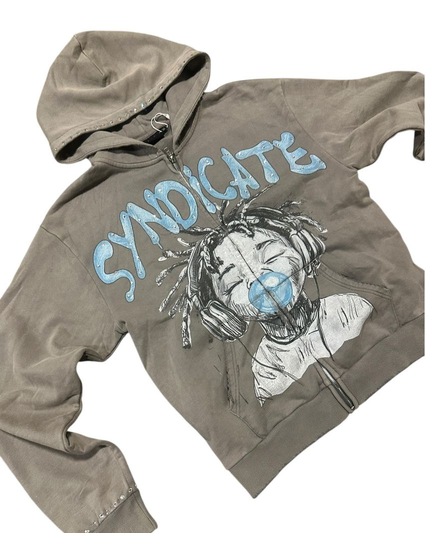 Gray hoodie with graphic design and 'SYNDICATE' text on a white background