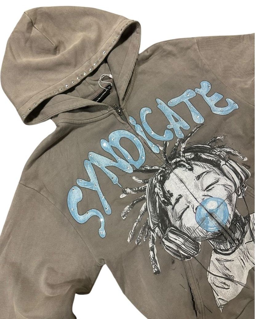 Brown hoodie with 'Syndicate' text and graphic design on a white background