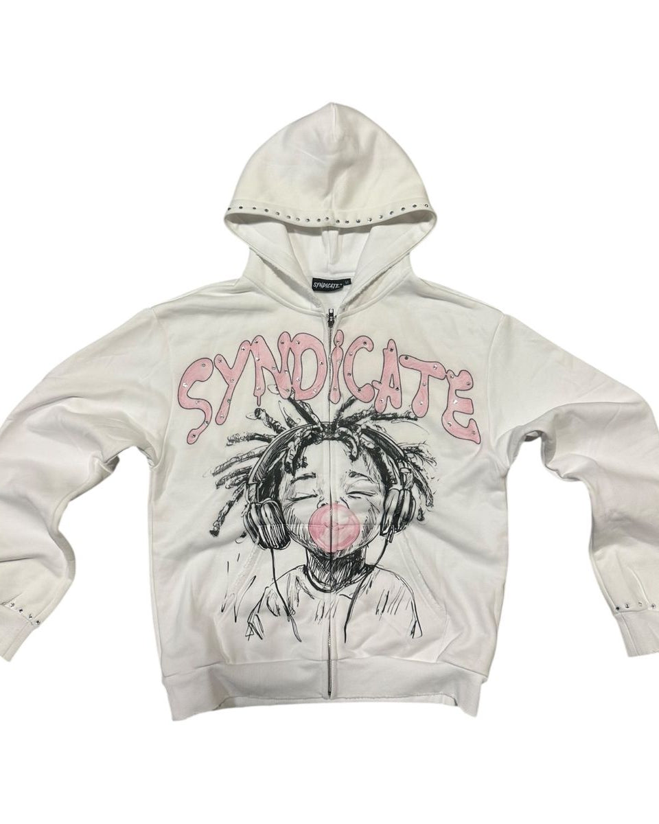 White hoodie with graphic design and 'SYNDICATE' text on a white background