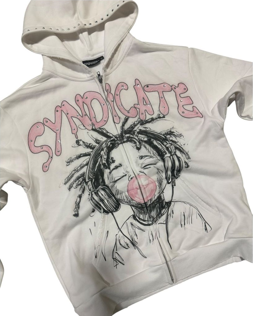 White hoodie with graphic design and 'SYNDICATE' text on a white background