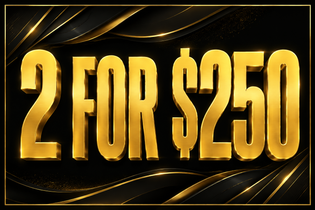 Promotional graphic with large metallic gold text reading '2 FOR $250' on a black background with flowing gold ribbon-like lines.