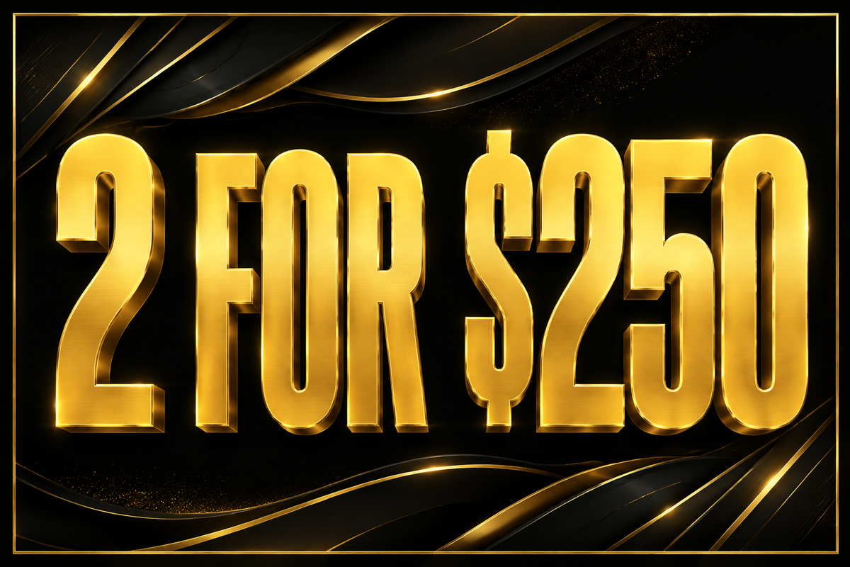 Promotional graphic with large metallic gold text reading '2 FOR $250' on a black background with flowing gold ribbon-like lines.