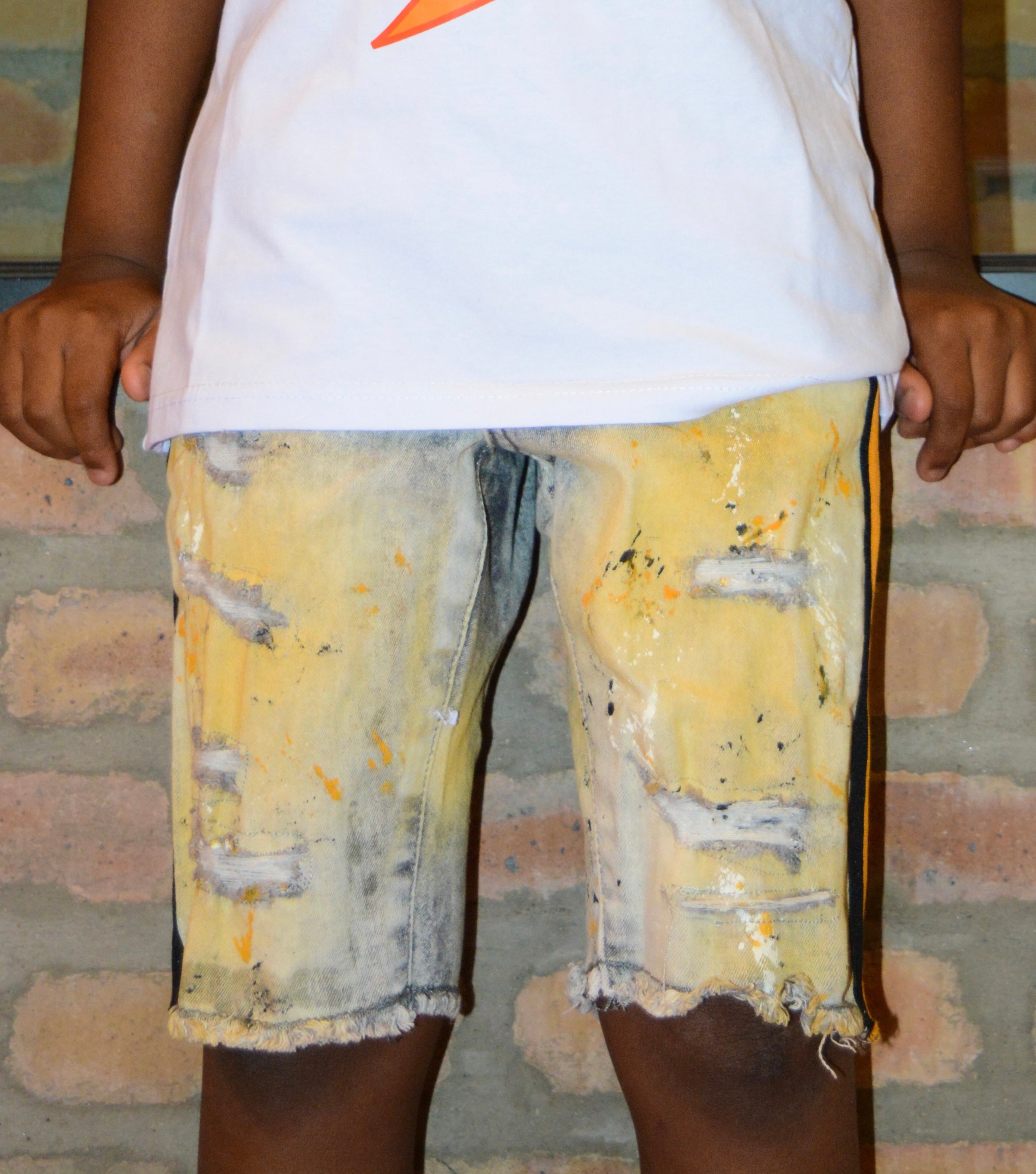 Boy’s Paint Splatter Side-Taped Distressed Shorts