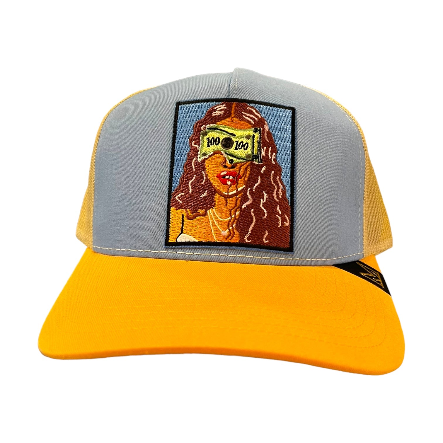 $100 vision trucker hat in blue/yellow