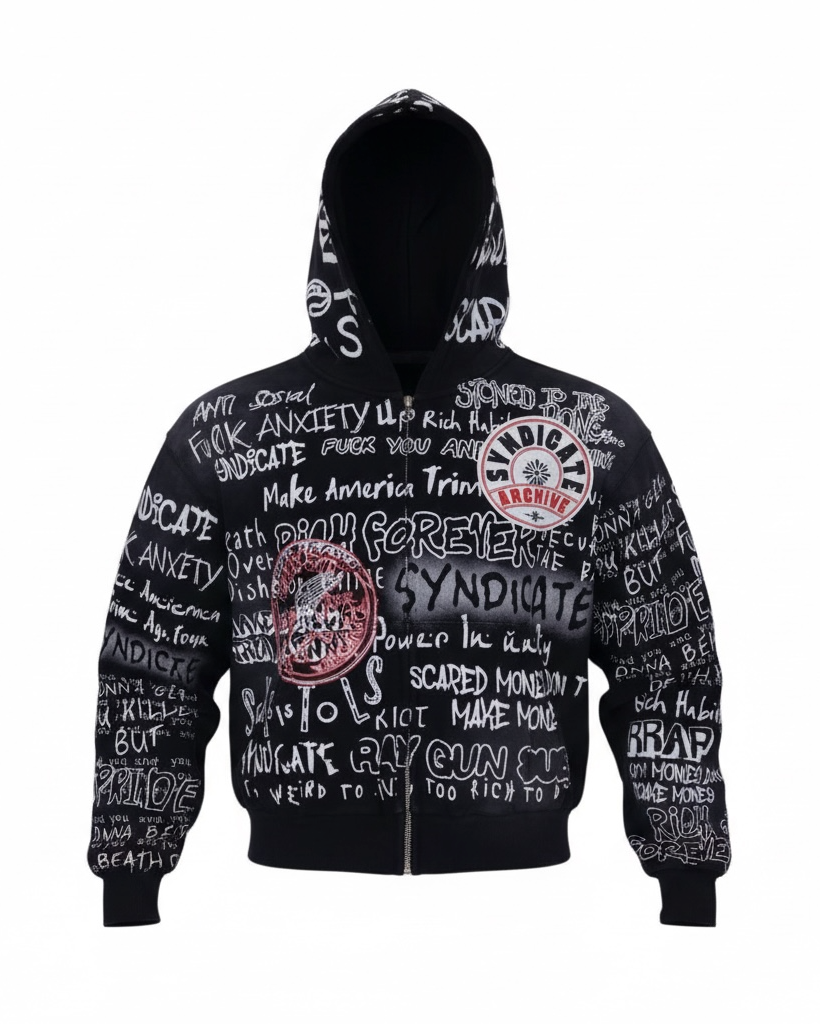 Black hoodie with white text and logos on a white background