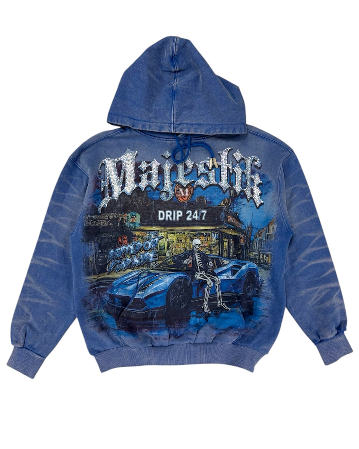 Blue hoodie with graphic design and text on a white background