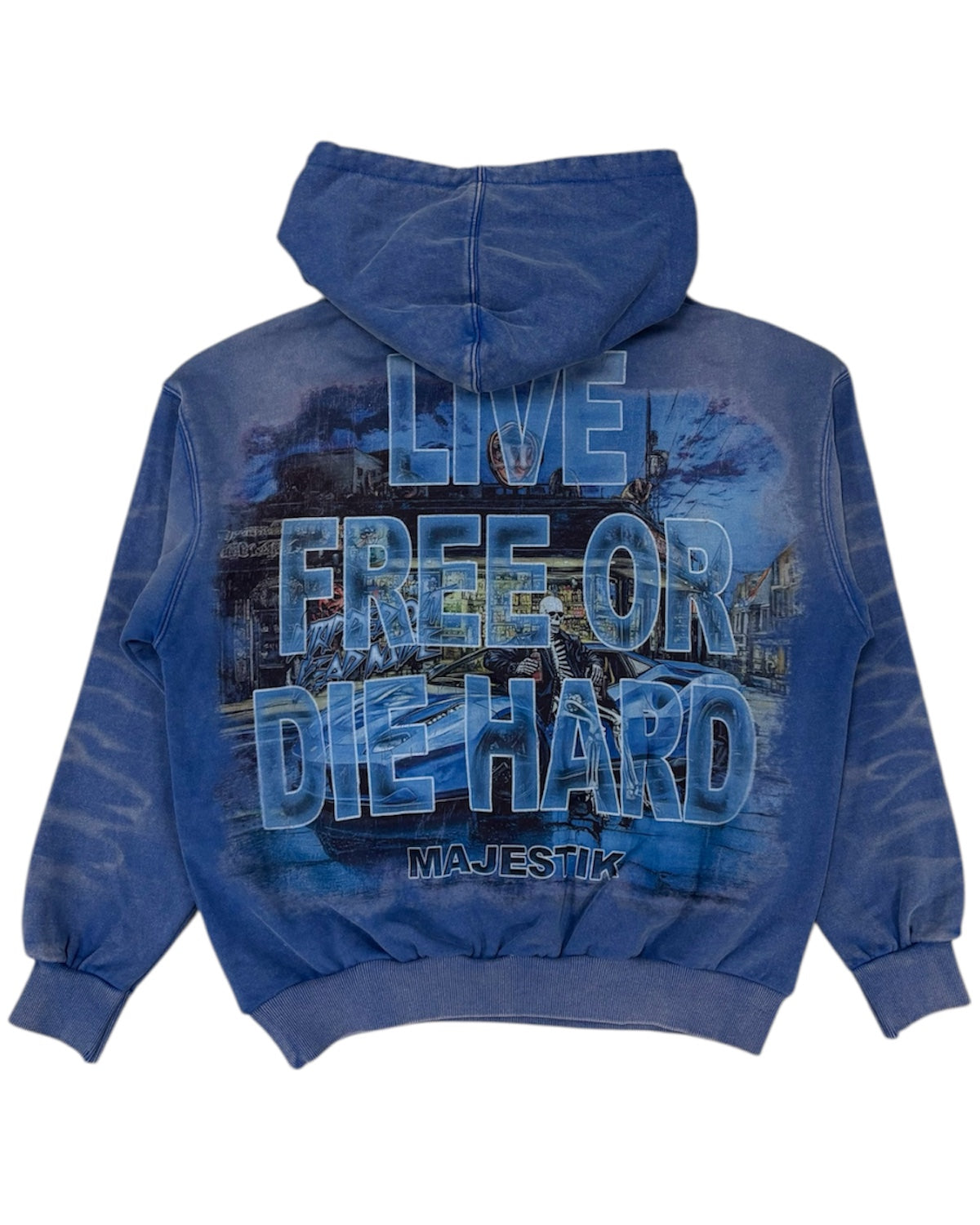 Blue hoodie with 'Live Free or Die Hard' text on the back, brand 'Majestik' visible