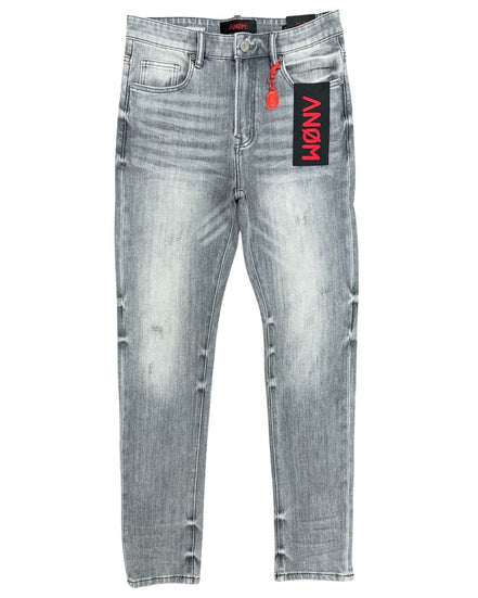 Gray distressed jeans with a brand label on a white background