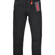 Black jeans with a brand tag on a white background