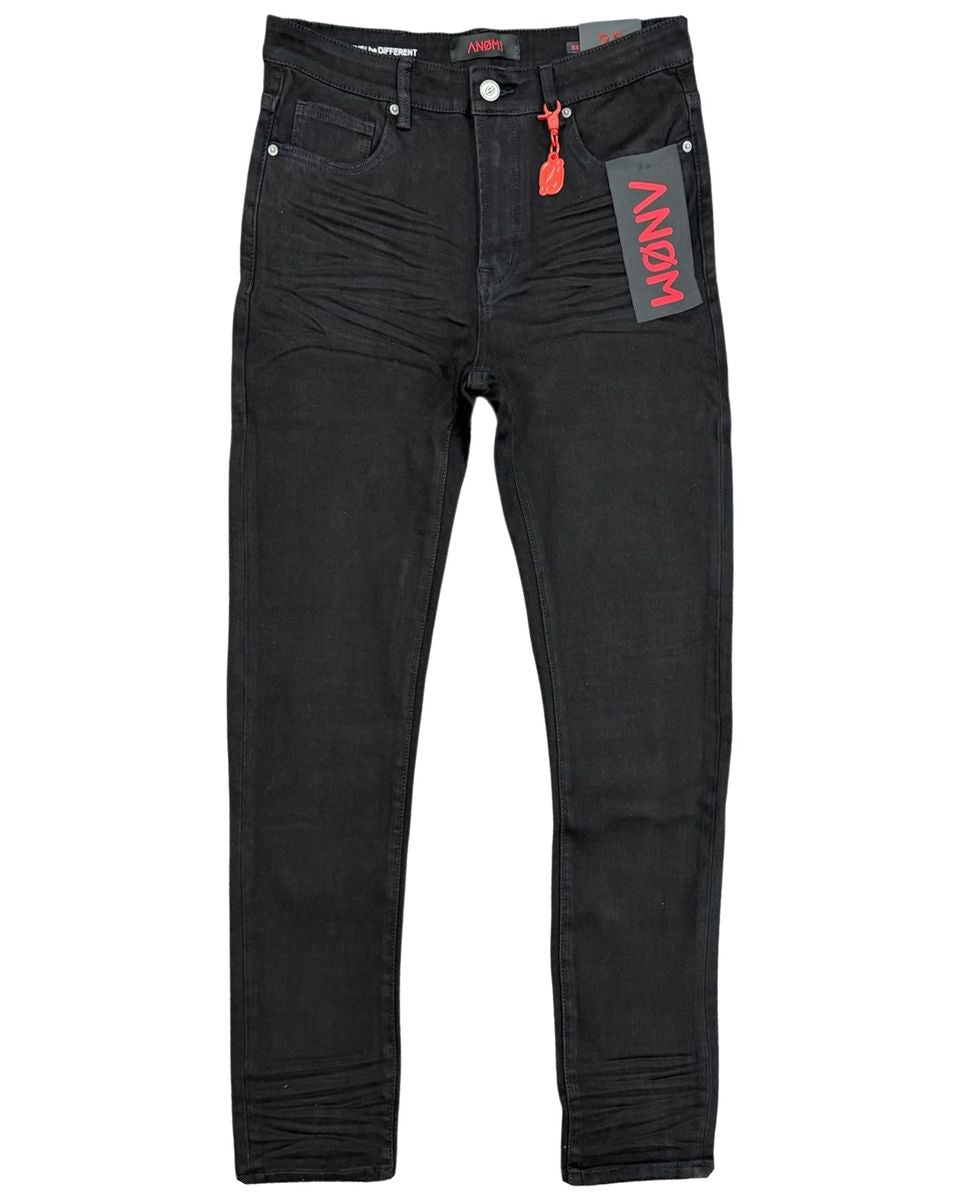 Black jeans with a brand tag on a white background