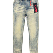 Light blue distressed jeans with a brand tag on a white background