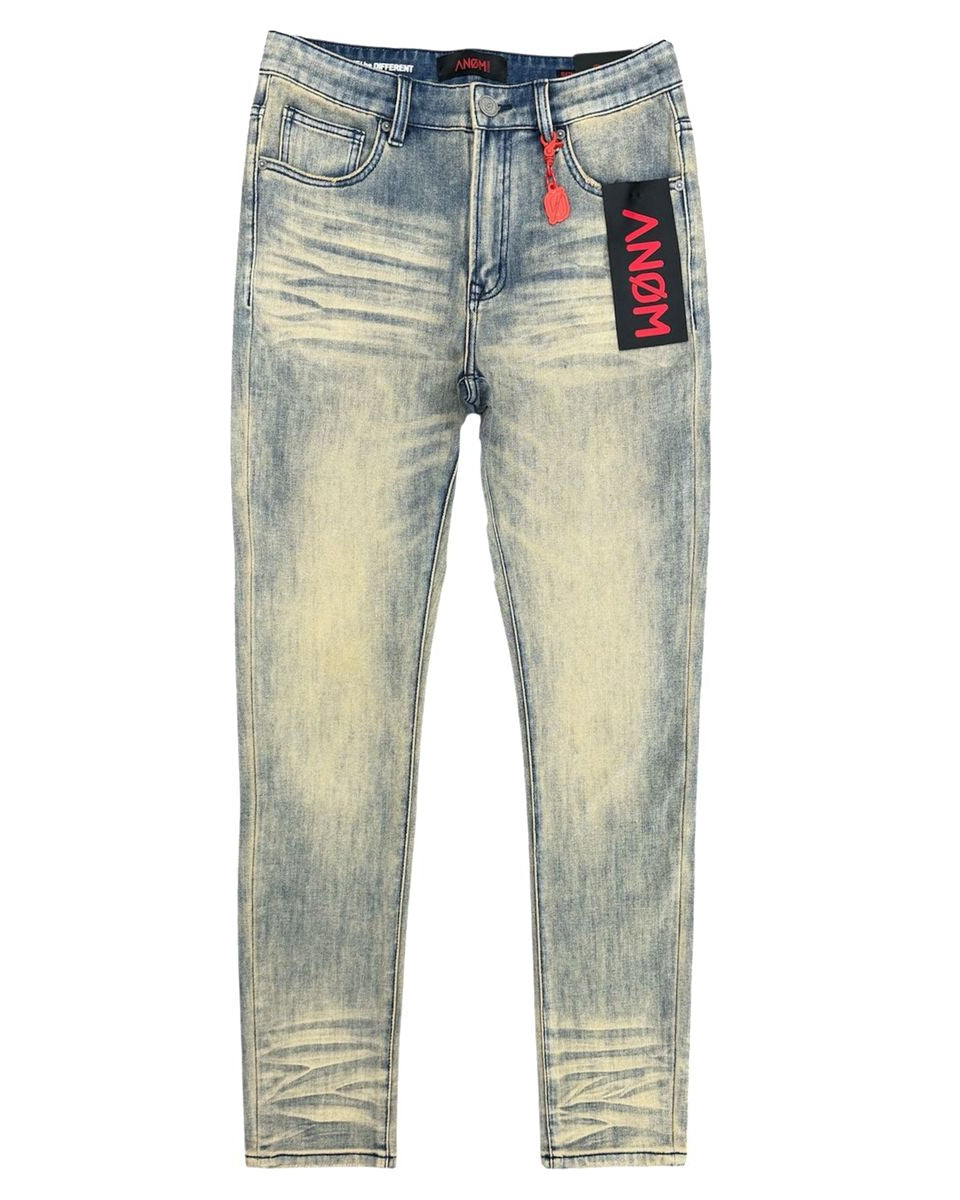 Light blue distressed jeans with a brand tag on a white background