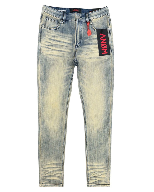 Light blue distressed jeans with a brand tag on a white background