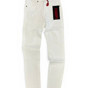 White jeans with a black and red patch on a white background