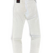 White pants with a black label on a white background