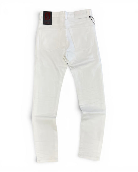 White pants with a black label on a white background