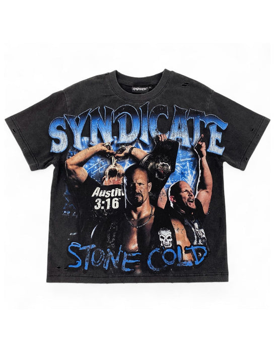 A black distressed graphic t-shirt featuring the band Stone Cold and their 'Syndicate' album artwork, laid flat against a white background.