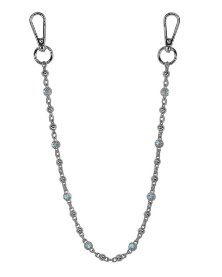 Silver chain with blue stones and clasp on a white background