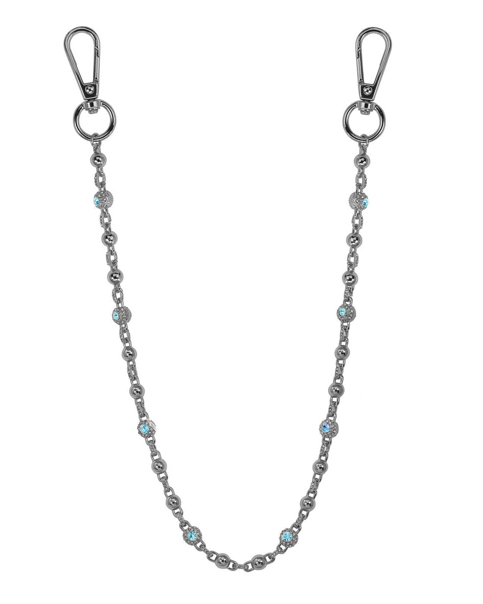 Silver chain with blue stones and clasp on a white background
