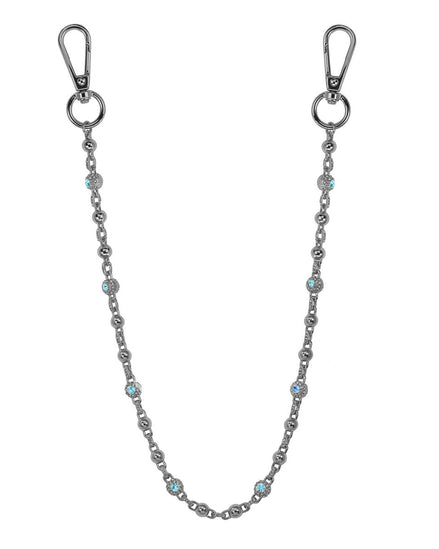 Silver chain with blue stones and clasp on a white background